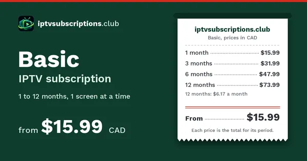 Basic price slip: 1 month $15.99, 3 months $31.99, 6 months $47.99, 12 months $73.99, in Canadian dollars