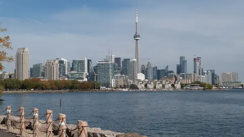 Toronto skyline with the CN Tower, seen across the harbour on an autumn day